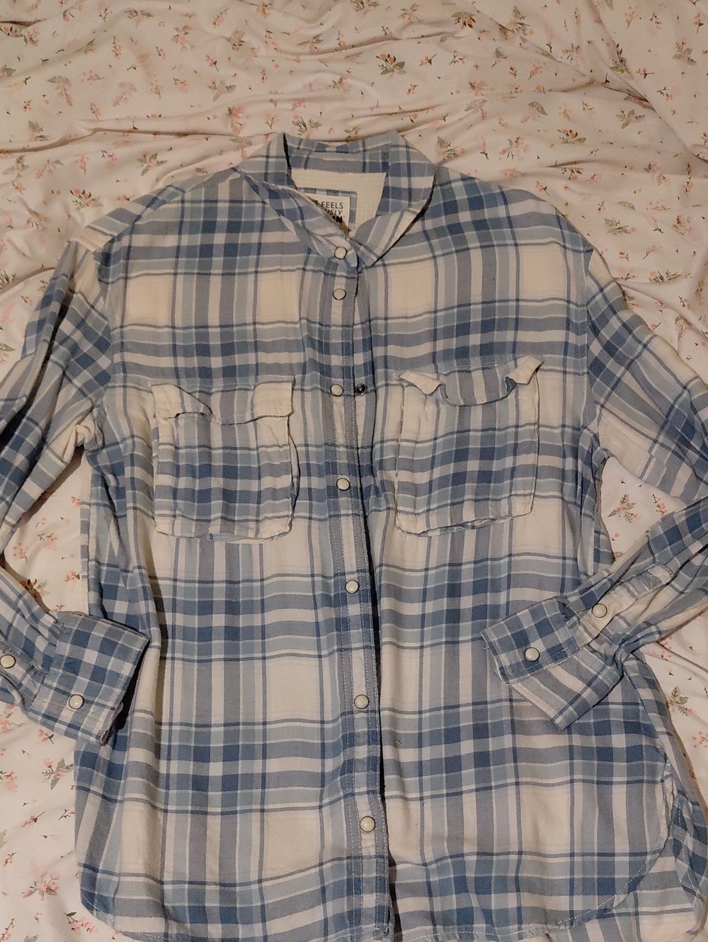 American Eagle Outfitters Light Blue and White Plaid Button-Down Shirt